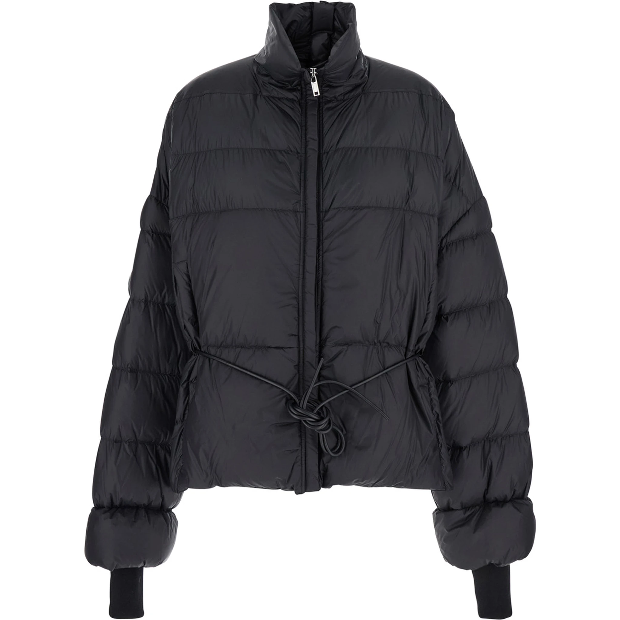 Black Down Jacket with Drawstring Waist and High Neck in Tech Fabric Woman