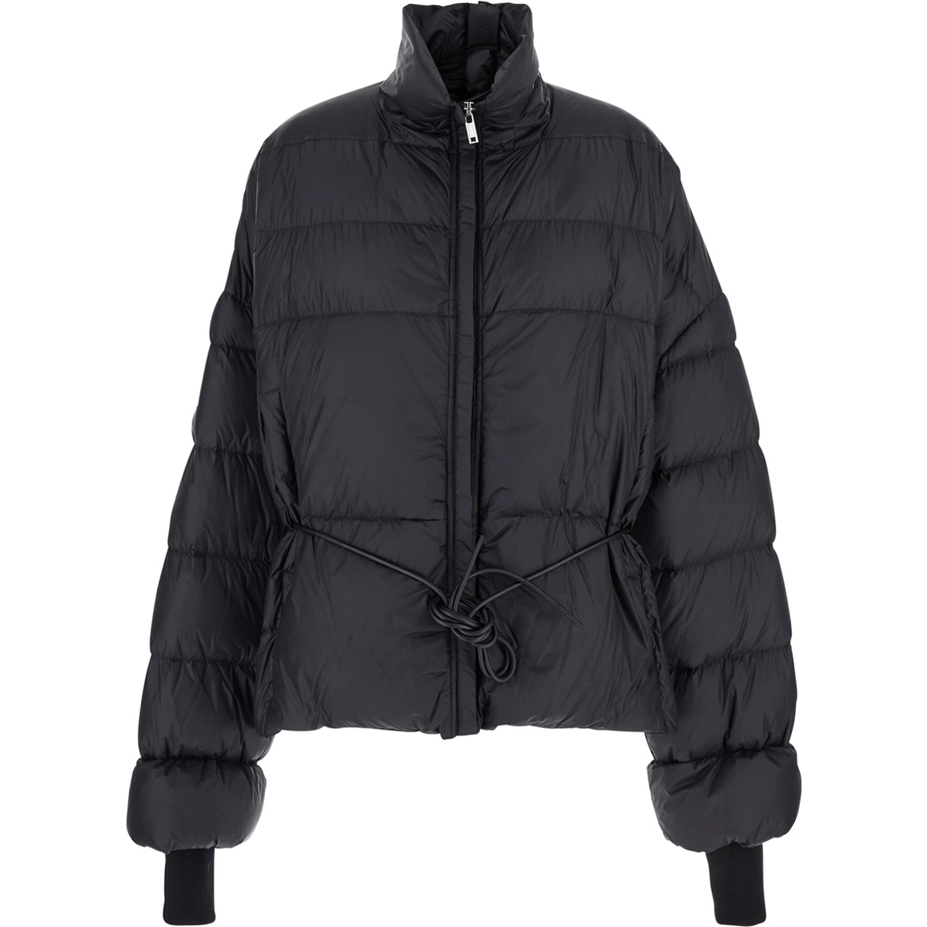 Black Down Jacket with Drawstring Waist and High Neck in Tech Fabric Woman