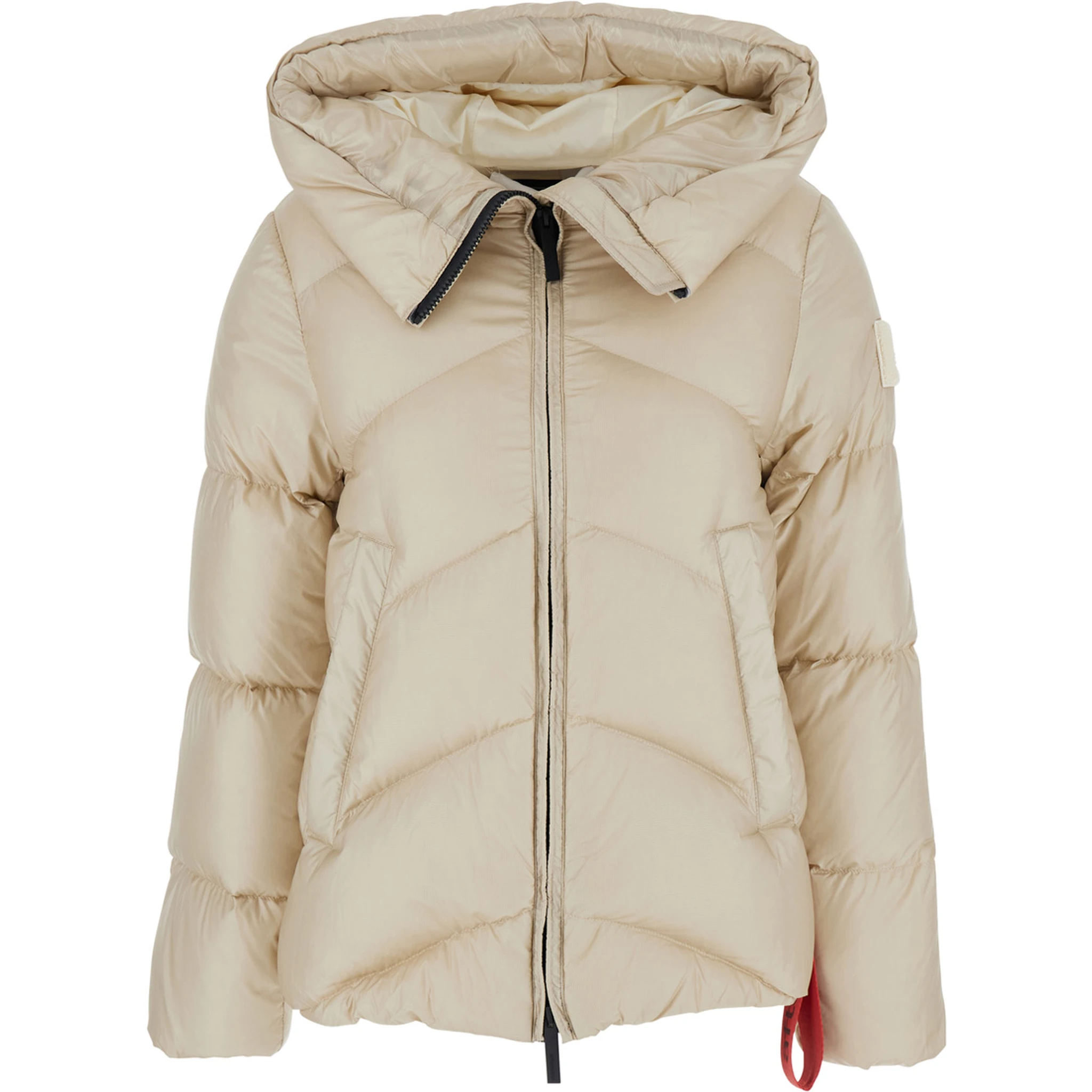 Helsinki Beige Down Jacket with Logo Patch on the Sleeve and Puller with Logo on the Waist in Tech Fabric Woman