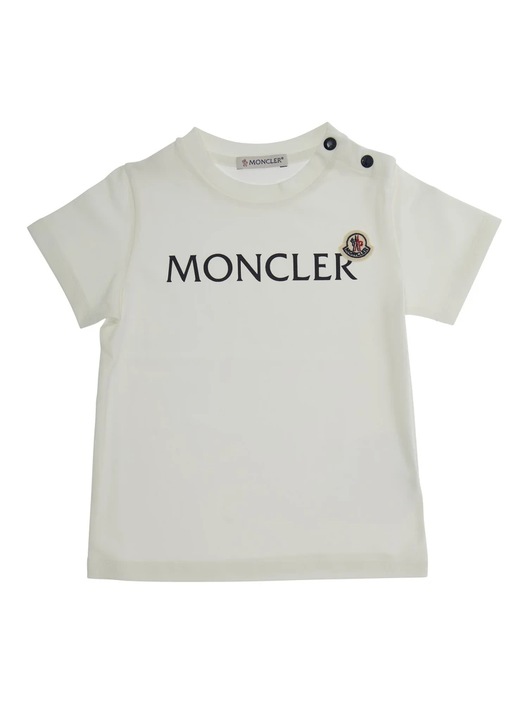 White T-Shirt with Logo Print and Snap Buttons in Stretch Cotton Baby