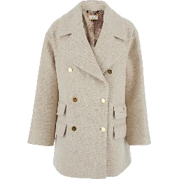 White Coat with Wide Lapels and Logo Printed on the Side in Wool and Silk Blend Woman