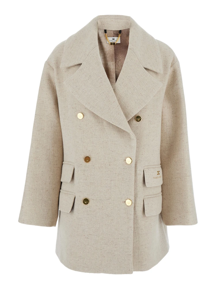 White Coat with Wide Lapels and Logo Printed on the Side in Wool and Silk Blend Woman