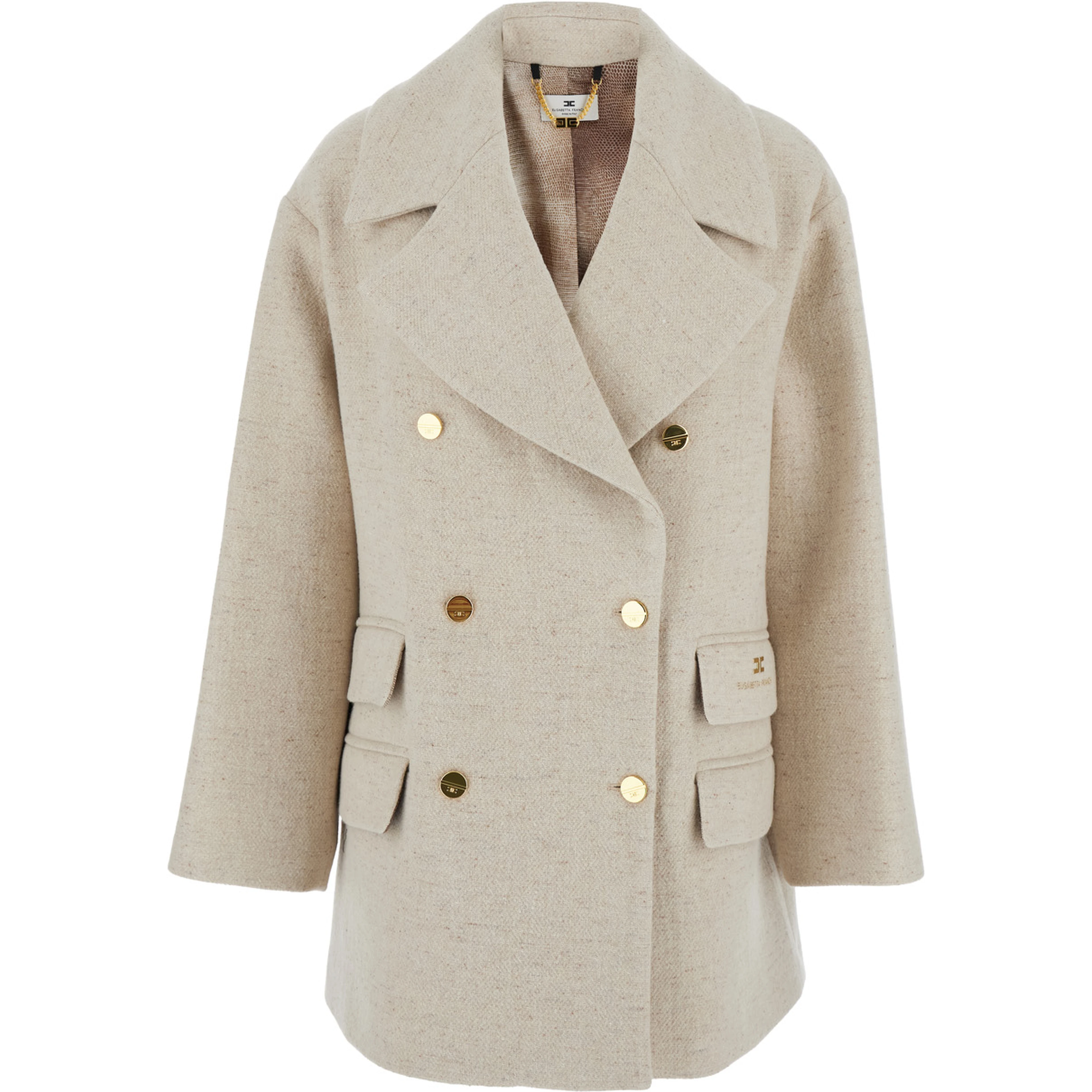 White Coat with Wide Lapels and Logo Printed on the Side in Wool and Silk Blend Woman