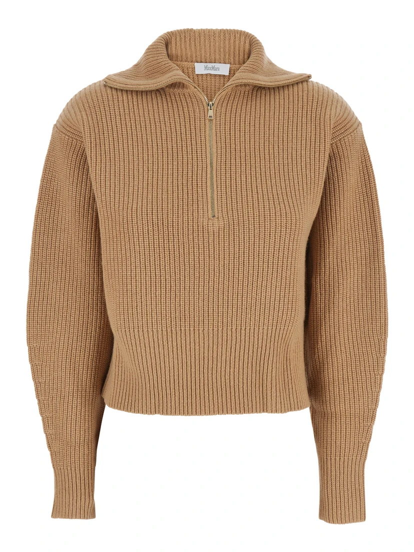 Beige Turtleneck Sweater with Ribbed Design in Wool and Cashmere Blend Woman