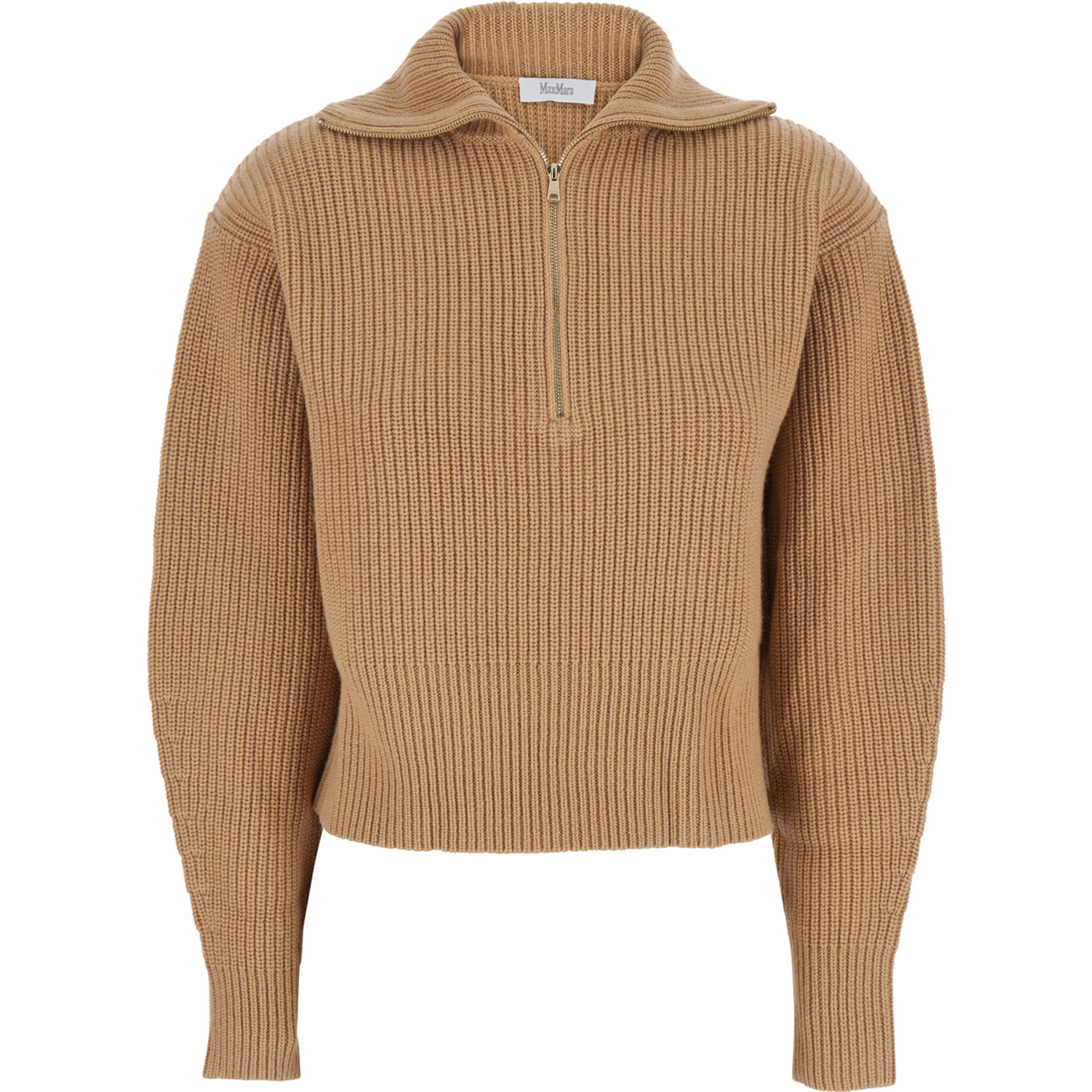 Beige Turtleneck Sweater with Ribbed Design in Wool and Cashmere Blend Woman