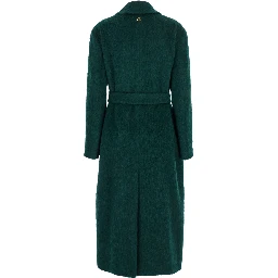 Green Double-Breasted Coat with Notched Revers and Belt on the Front in Wool Blend Woman