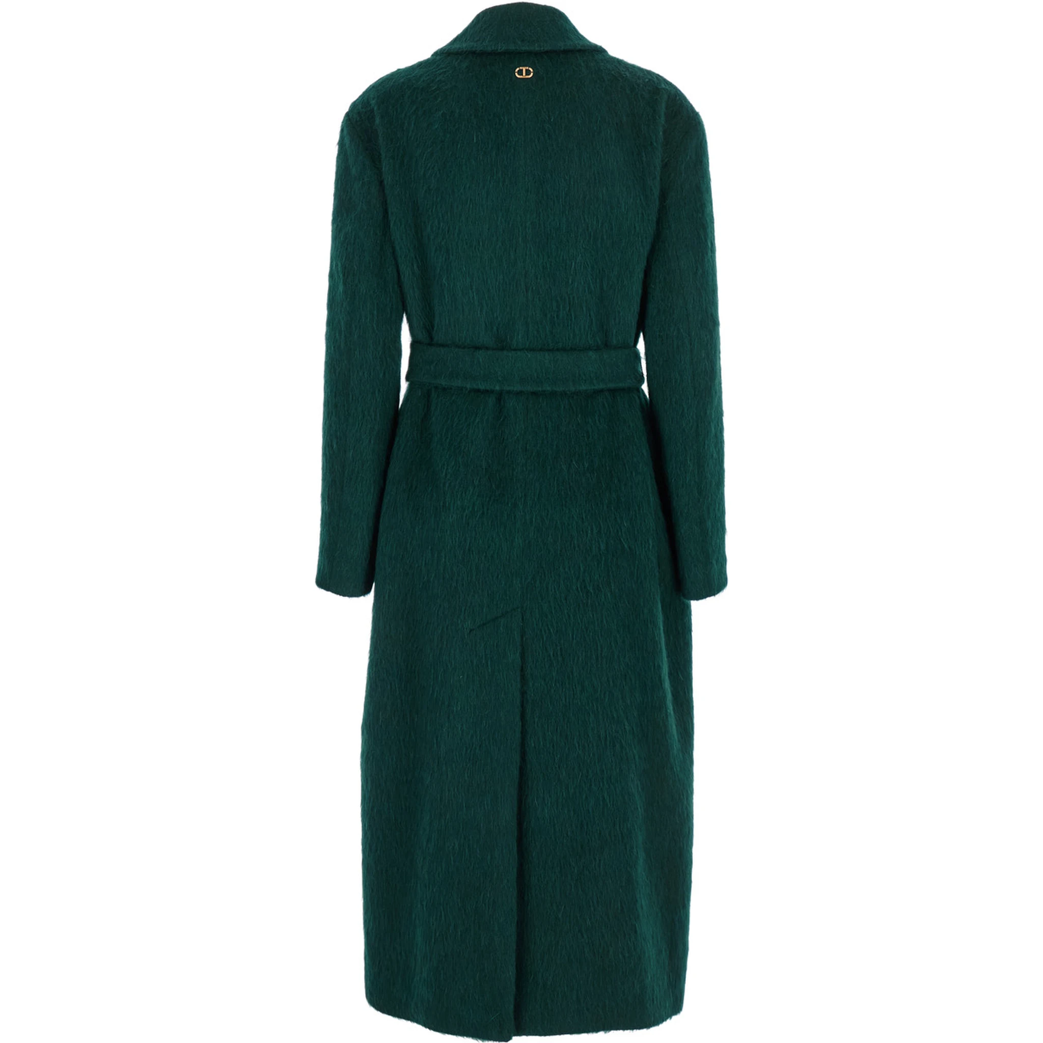Green Double-Breasted Coat with Notched Revers and Belt on the Front in Wool Blend Woman