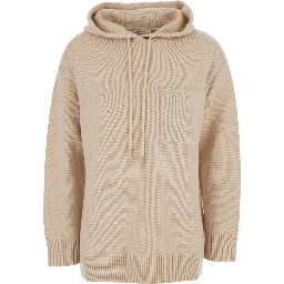 Liana Beige Sweater with Drawstring Hood and Dropped Shoulders in Cashmere Woman