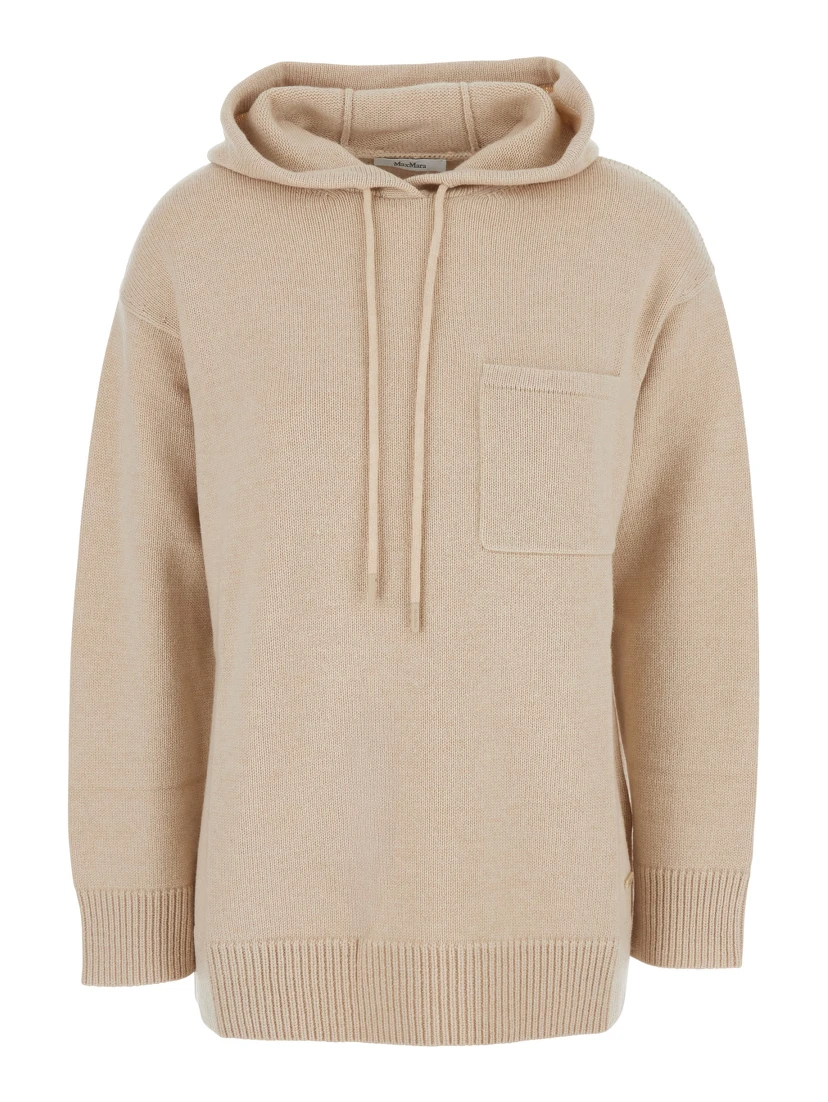 Liana Beige Sweater with Drawstring Hood and Dropped Shoulders in Cashmere Woman