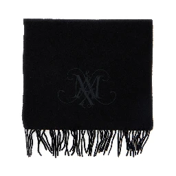 Black Scarf with Logo Embroidery on the Front and Fringed Hem in Wool Girl