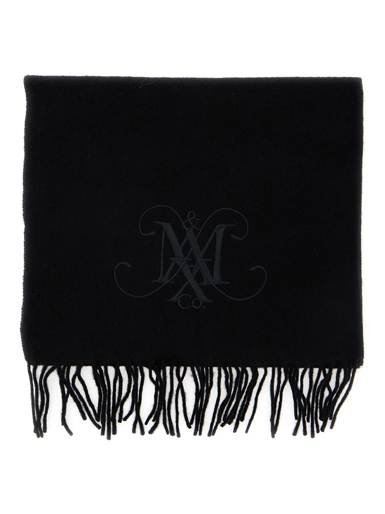 Black Scarf with Logo Embroidery on the Front and Fringed Hem in Wool Girl