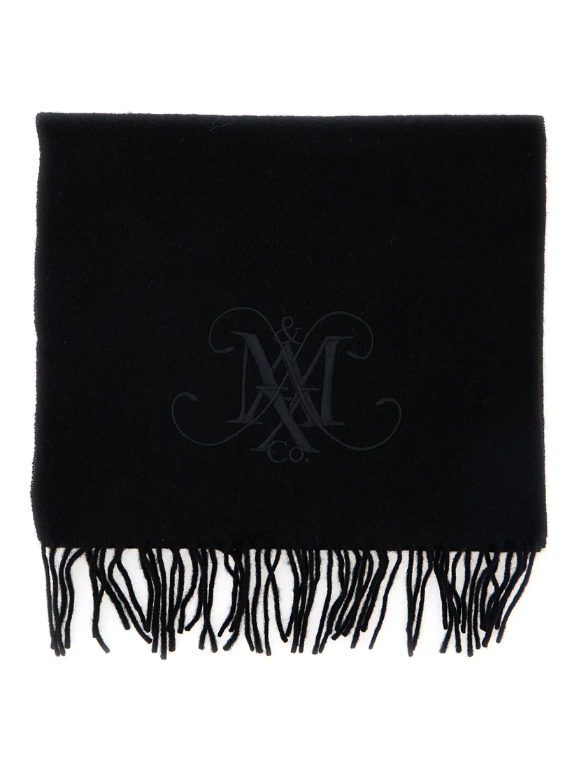 Black Scarf with Logo Embroidery on the Front and Fringed Hem in Wool Girl
