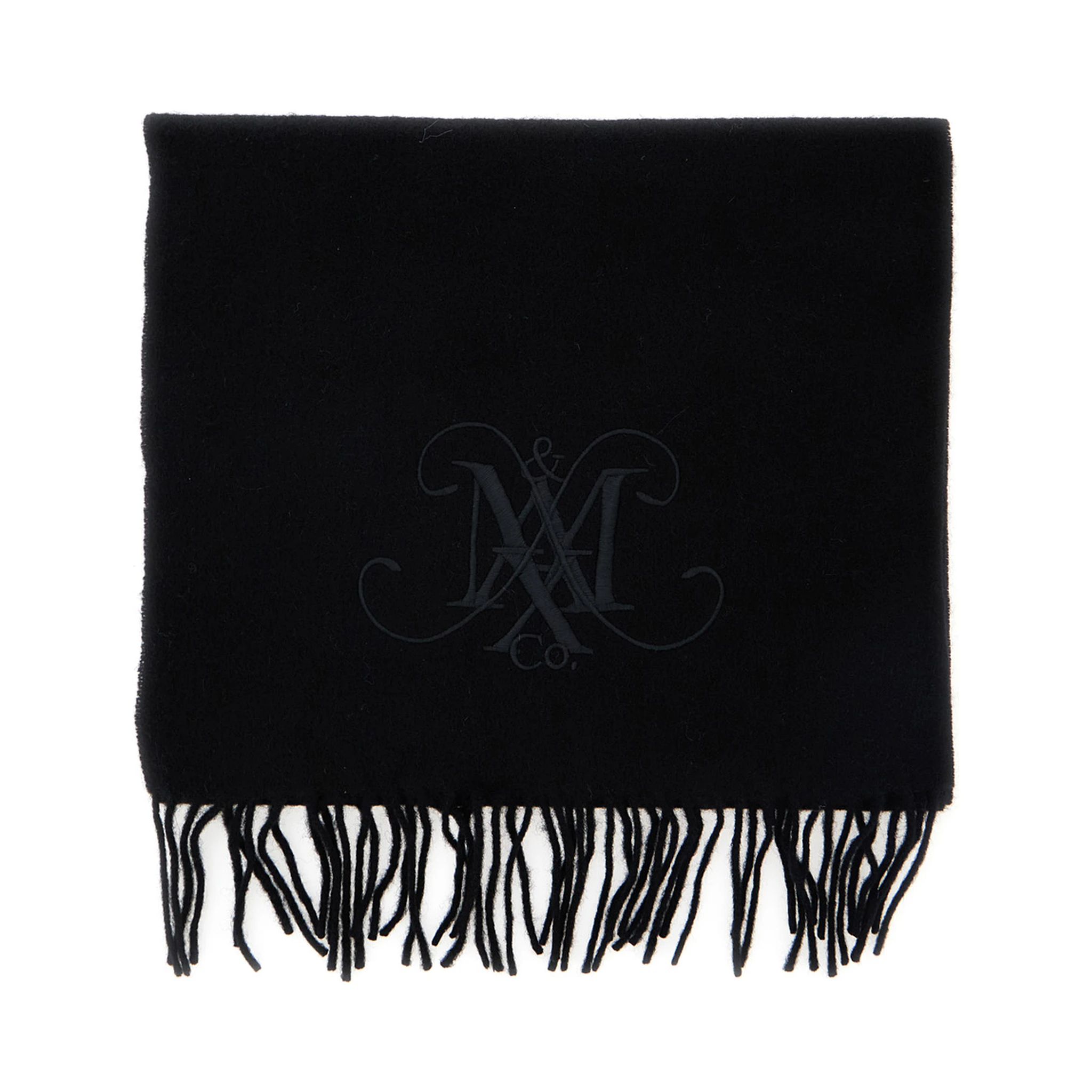 Black Scarf with Logo Embroidery on the Front and Fringed Hem in Wool Girl