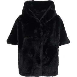 Leonie Black Fur Jacket with Hood and Front Concealed Closure in Ecofur Woman