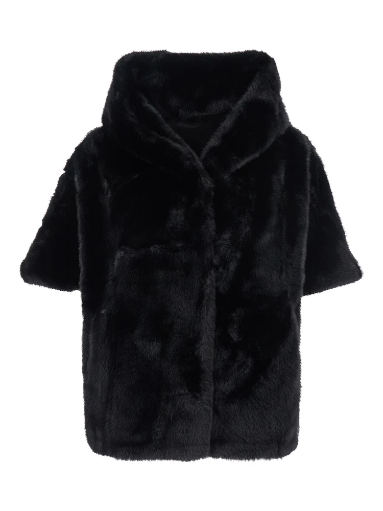 Leonie Black Fur Jacket with Hood and Front Concealed Closure in Ecofur Woman