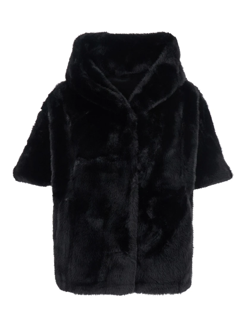 Leonie Black Fur Jacket with Hood and Front Concealed Closure in Ecofur Woman