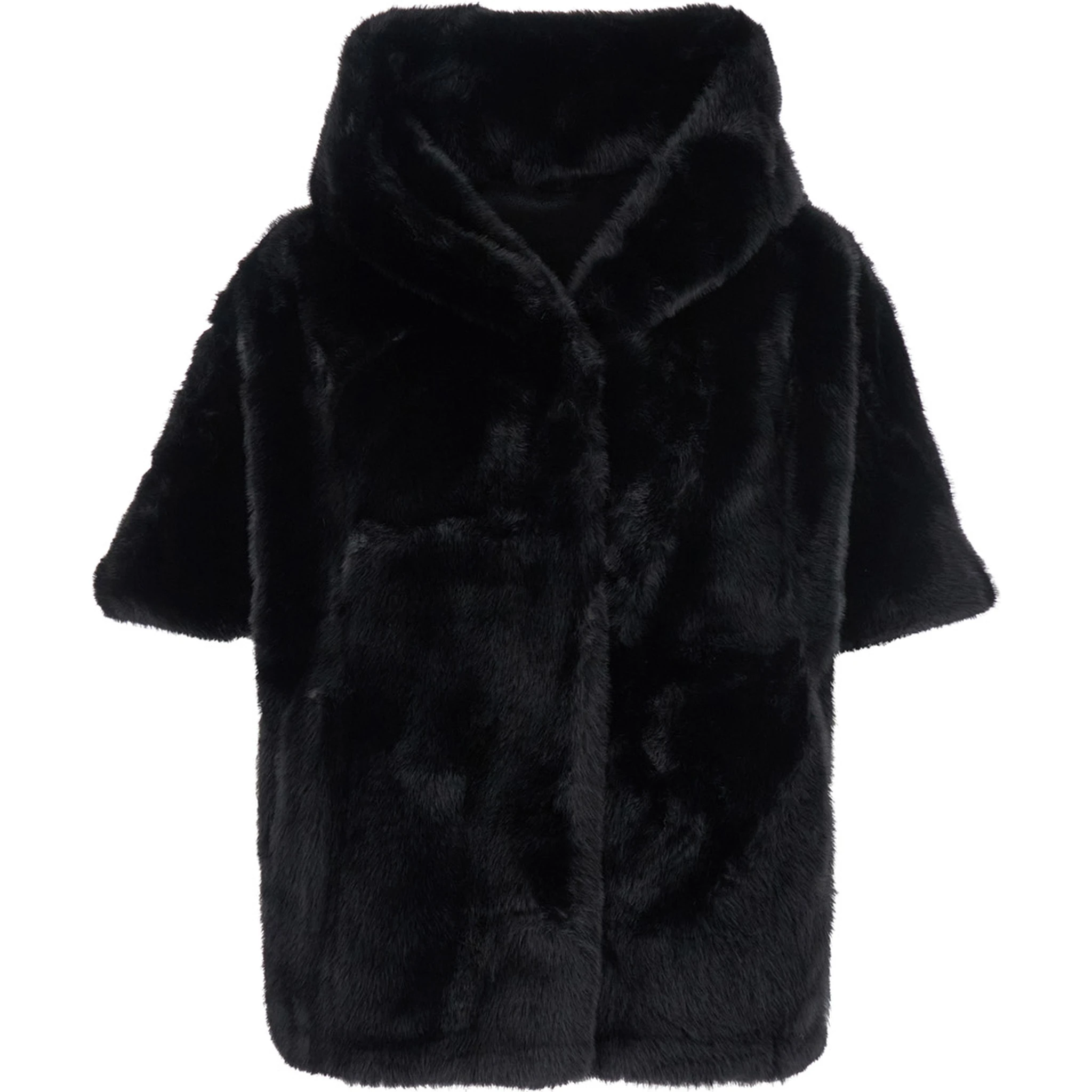 Leonie Black Fur Jacket with Hood and Front Concealed Closure in Ecofur Woman