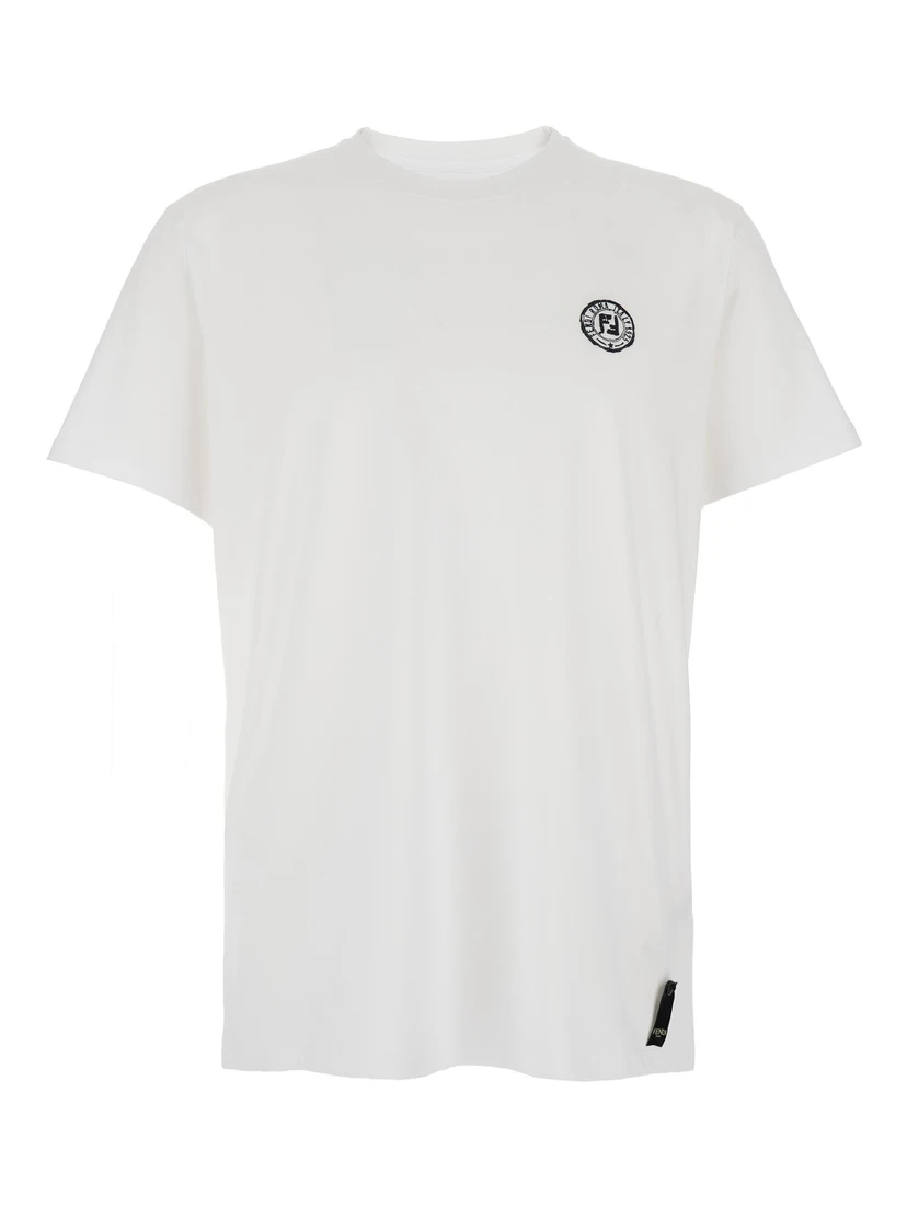 White Crewneck T-Shirt with Logo Print on the Front and Logo Patch on the Rear in Cotton Man