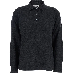Grey Polo Shirt with Classic Collar and Long Sleeves in Wool Woman