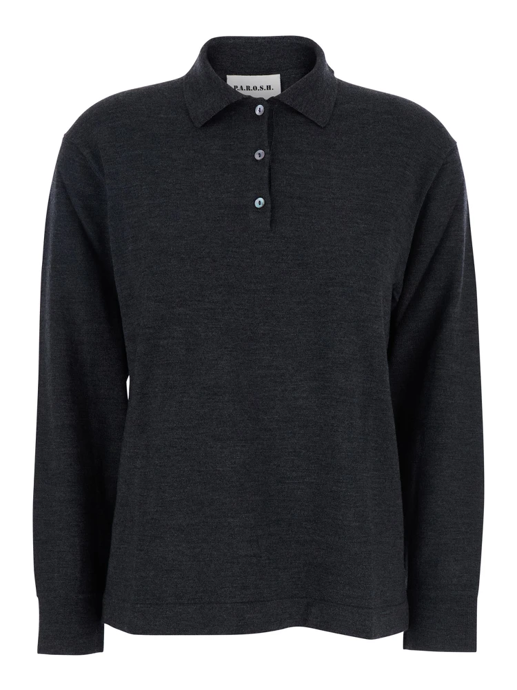 Grey Polo Shirt with Classic Collar and Long Sleeves in Wool Woman