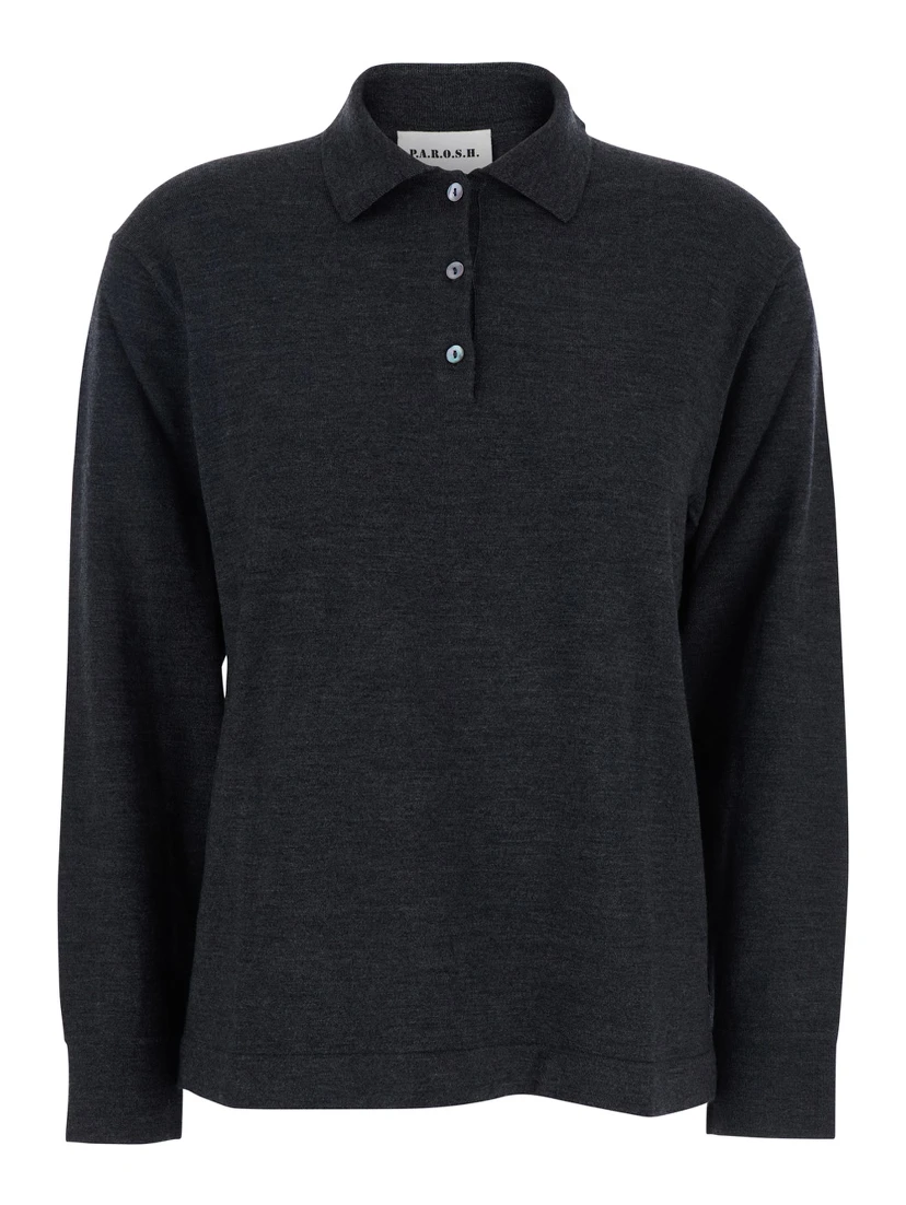 Grey Polo Shirt with Classic Collar and Long Sleeves in Wool Woman