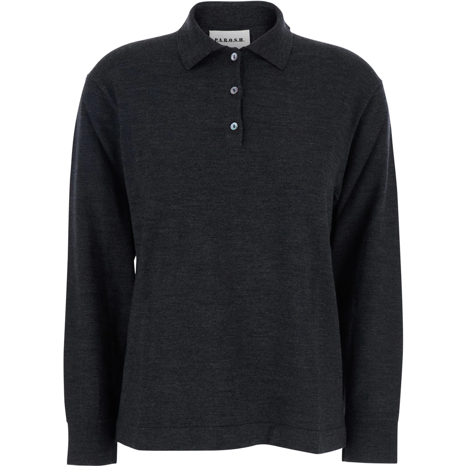 Grey Polo Shirt with Classic Collar and Long Sleeves in Wool Woman