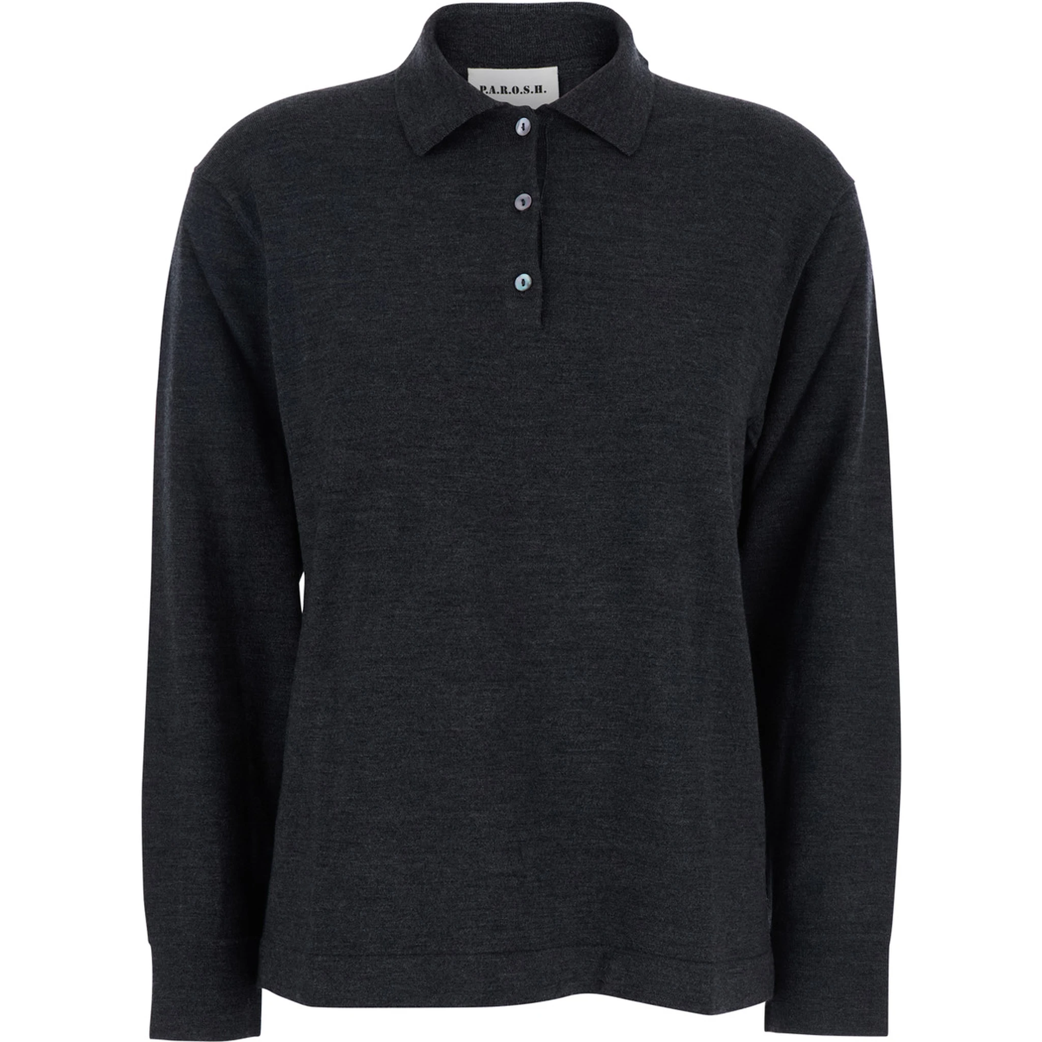 Grey Polo Shirt with Classic Collar and Long Sleeves in Wool Woman