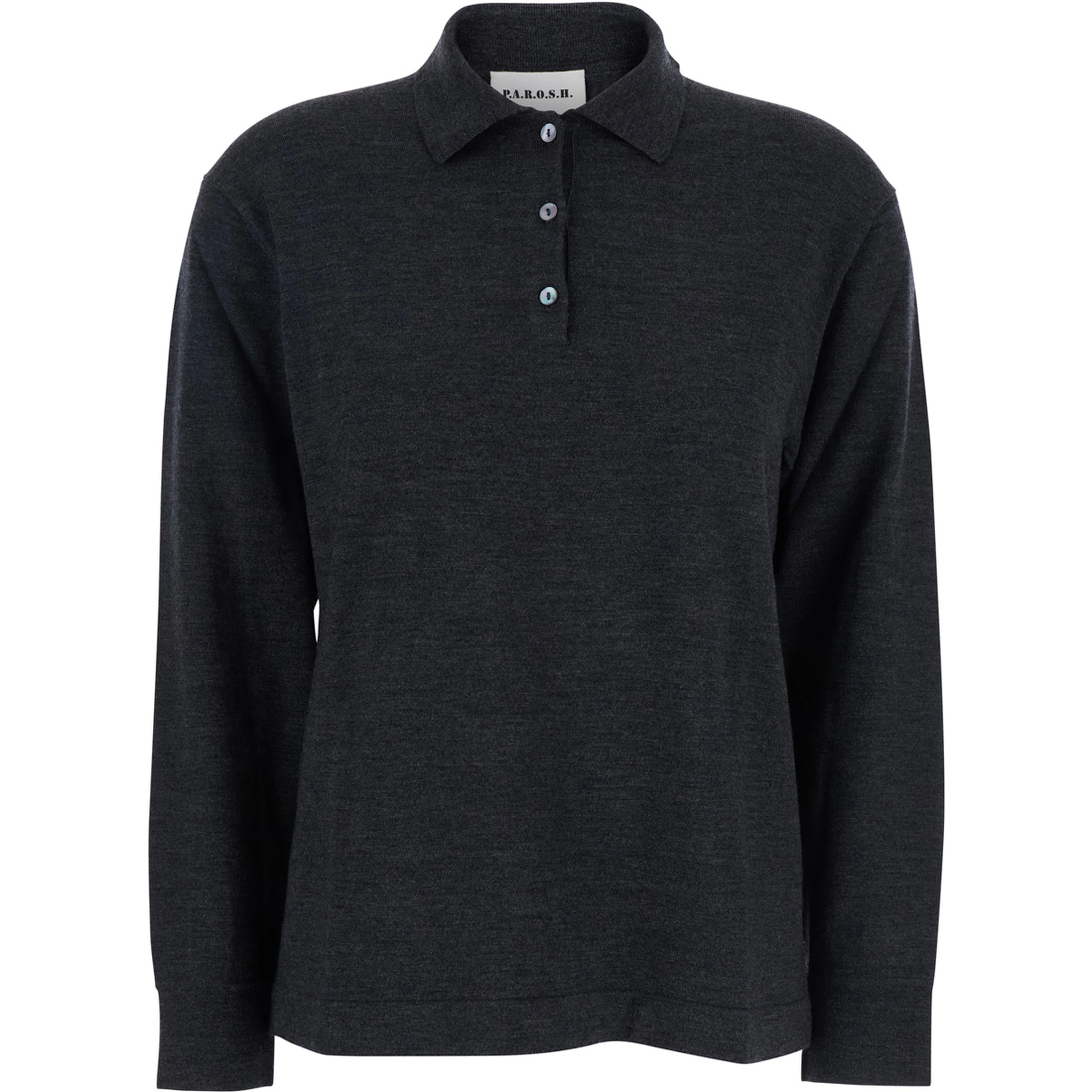 Grey Polo Shirt with Classic Collar and Long Sleeves in Wool Woman