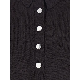 Perseo Black Cropped Cardigan with Button Down Collar and Ribbed Trims in Wool Woman