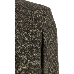 Brown Double-Breasted Jacket with Peak Revers and All-Over Striped Motif in Wool Woman