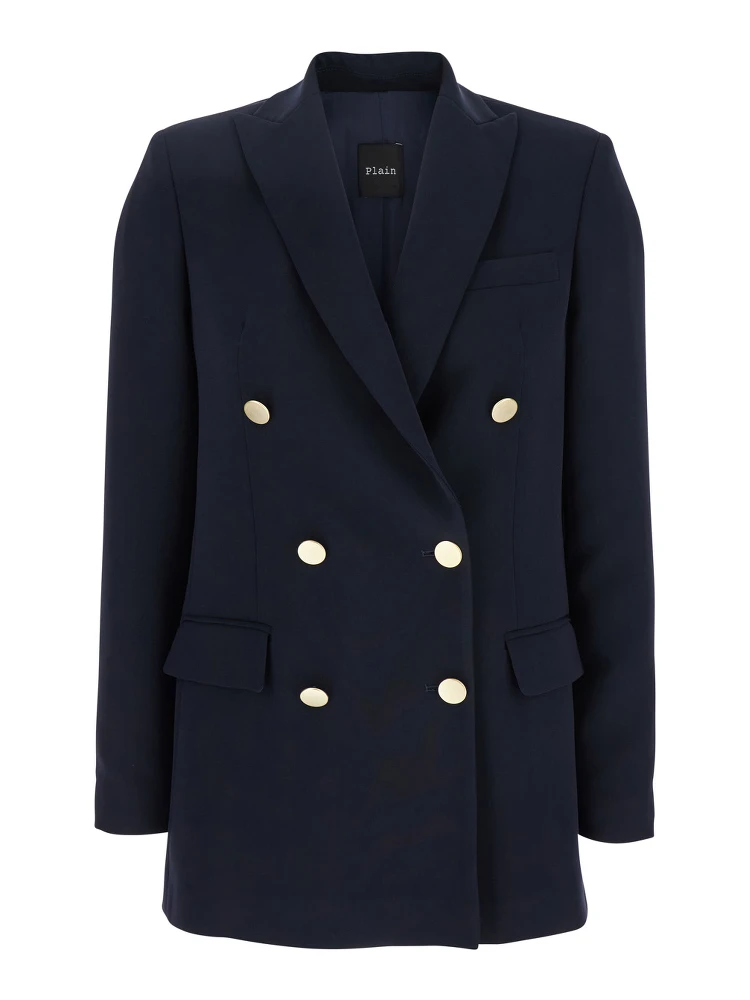 Blue Double-Breasted Jacket with Golden Buttons in Cady Woman