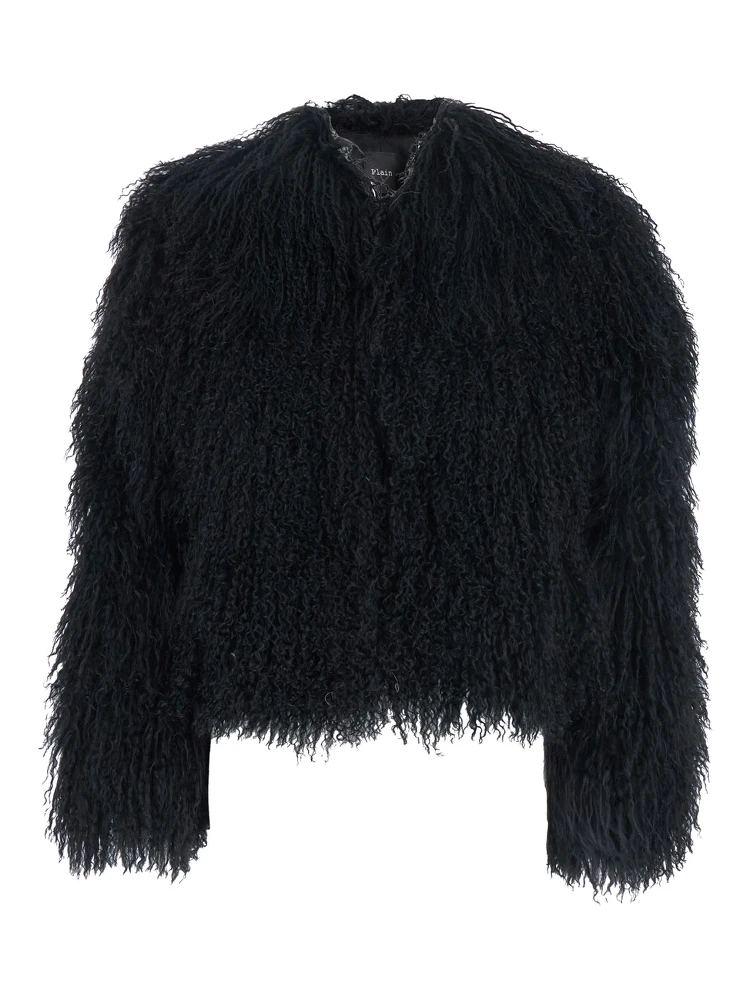 Black Cropped Fur Jacket with Concealed Front Closure in Shearling Fur Woman