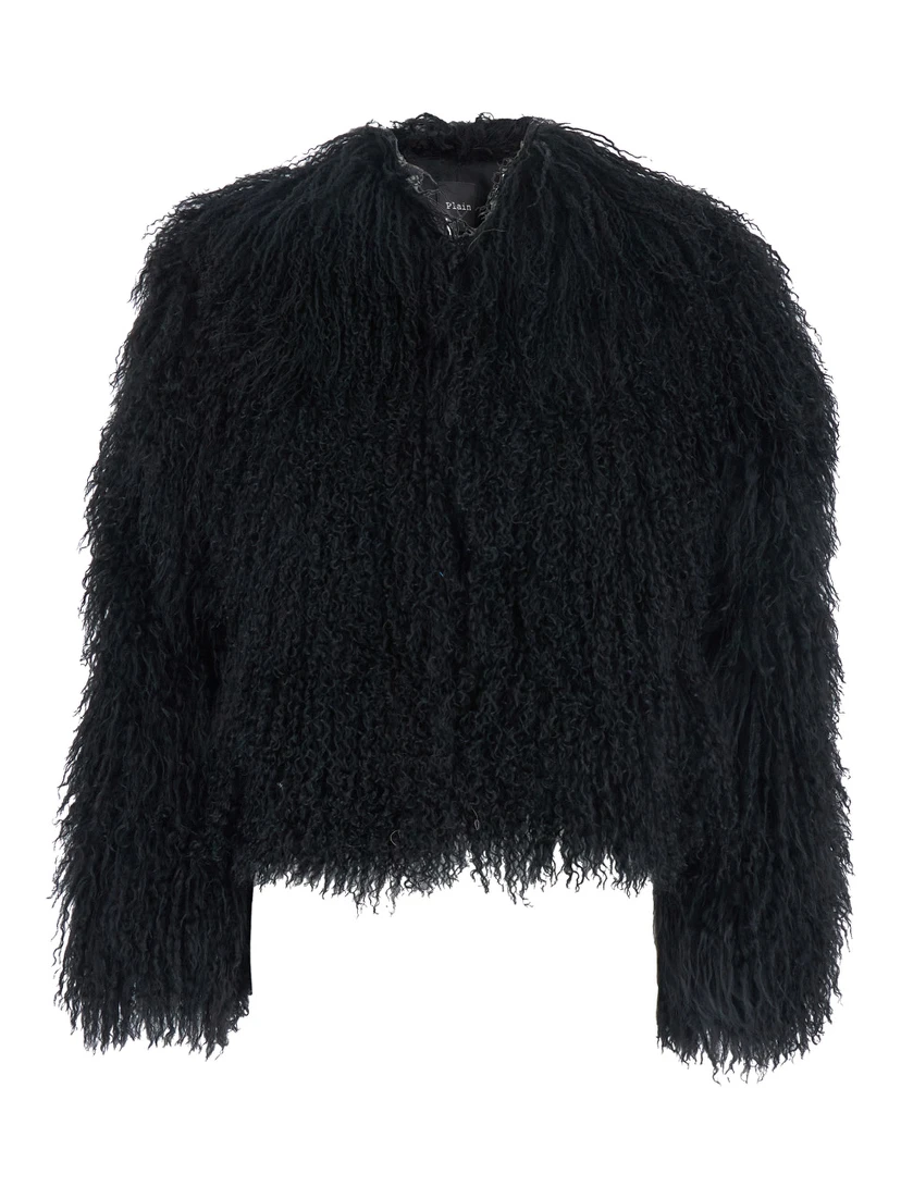 Black Cropped Fur Jacket with Concealed Front Closure in Shearling Fur Woman