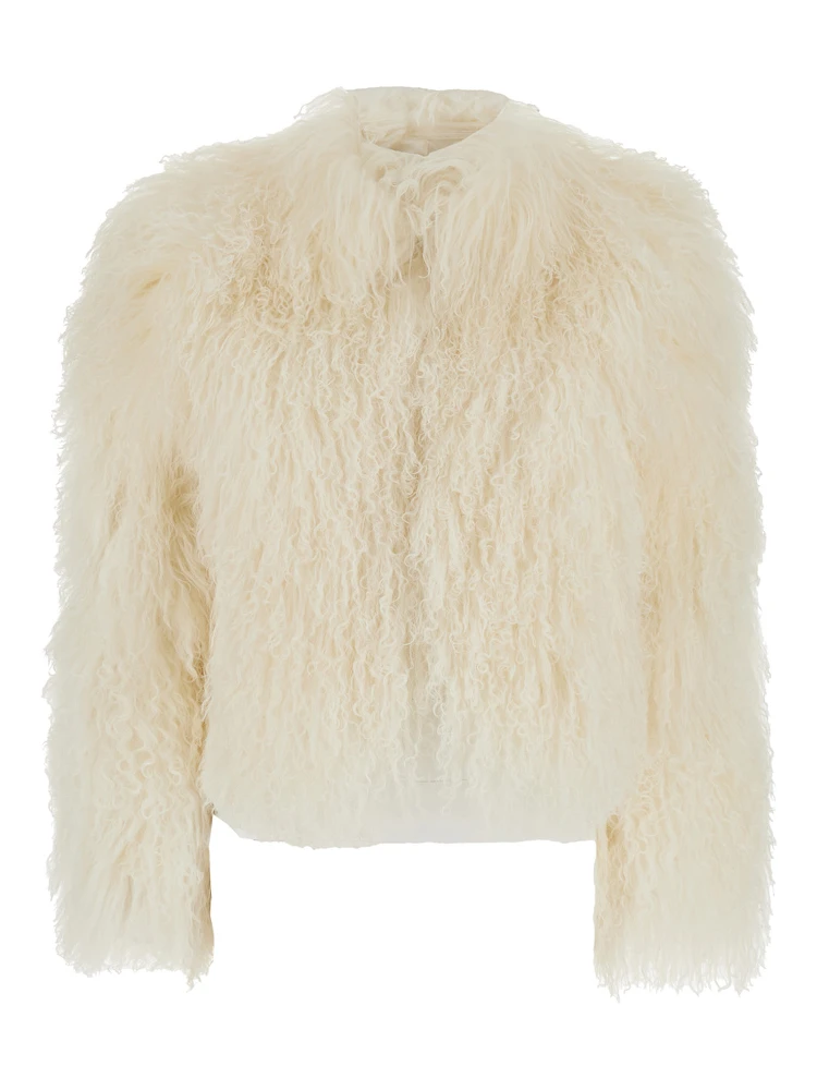 White Cropped Fur Jacket with Concealed Front Closure in Shearling Fur Woman