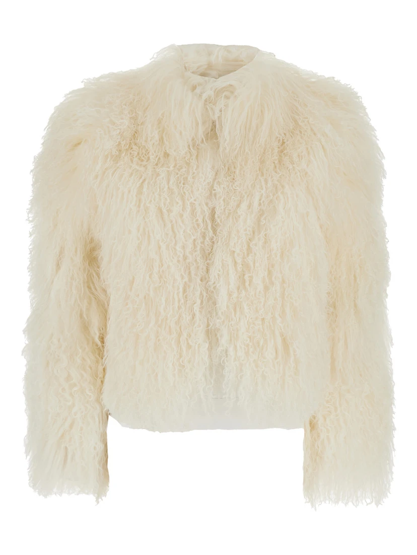 White Cropped Fur Jacket with Concealed Front Closure in Shearling Fur Woman