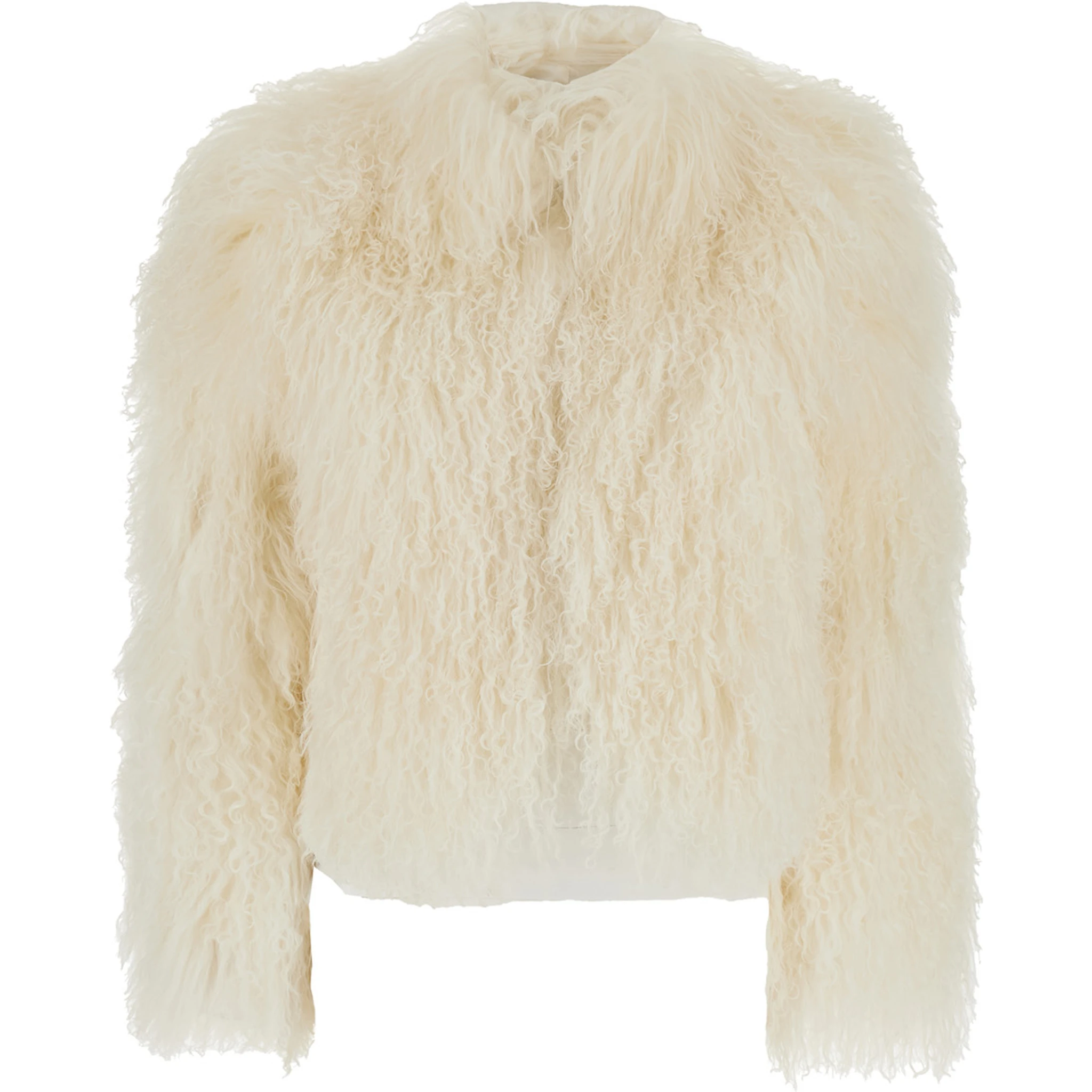 White Cropped Fur Jacket with Concealed Front Closure in Shearling Fur Woman