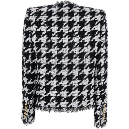 Spencer Black and White Jacket with All-Over Check Motif and Fringed Hem in Cotton Blend Woman