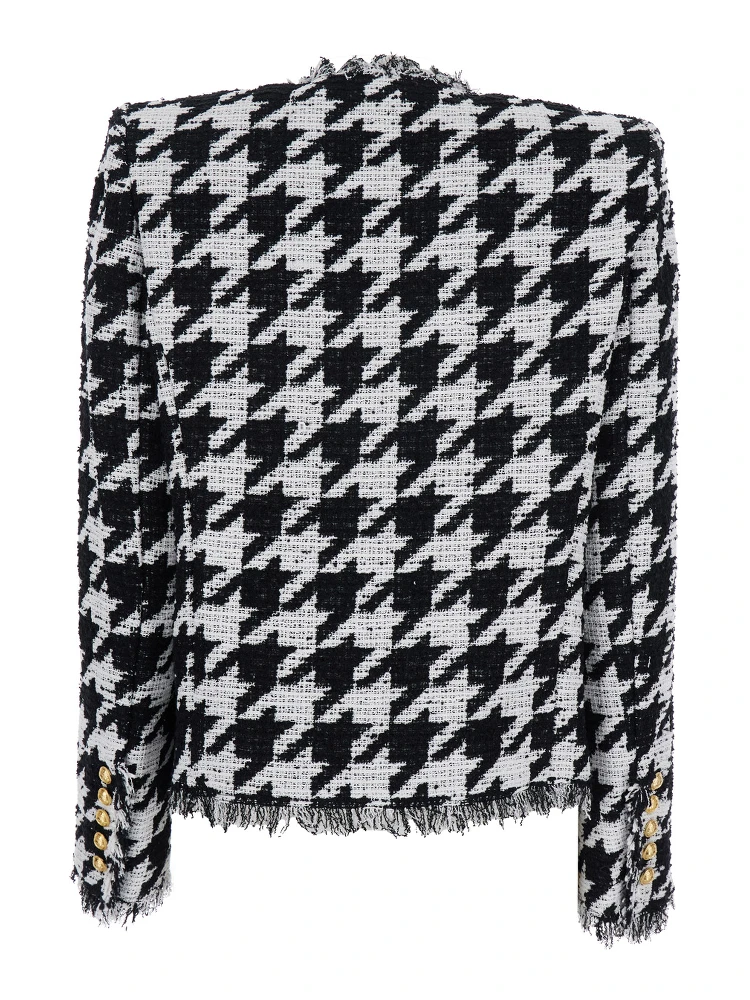 Spencer Black and White Jacket with All-Over Check Motif and Fringed Hem in Cotton Blend Woman alternative