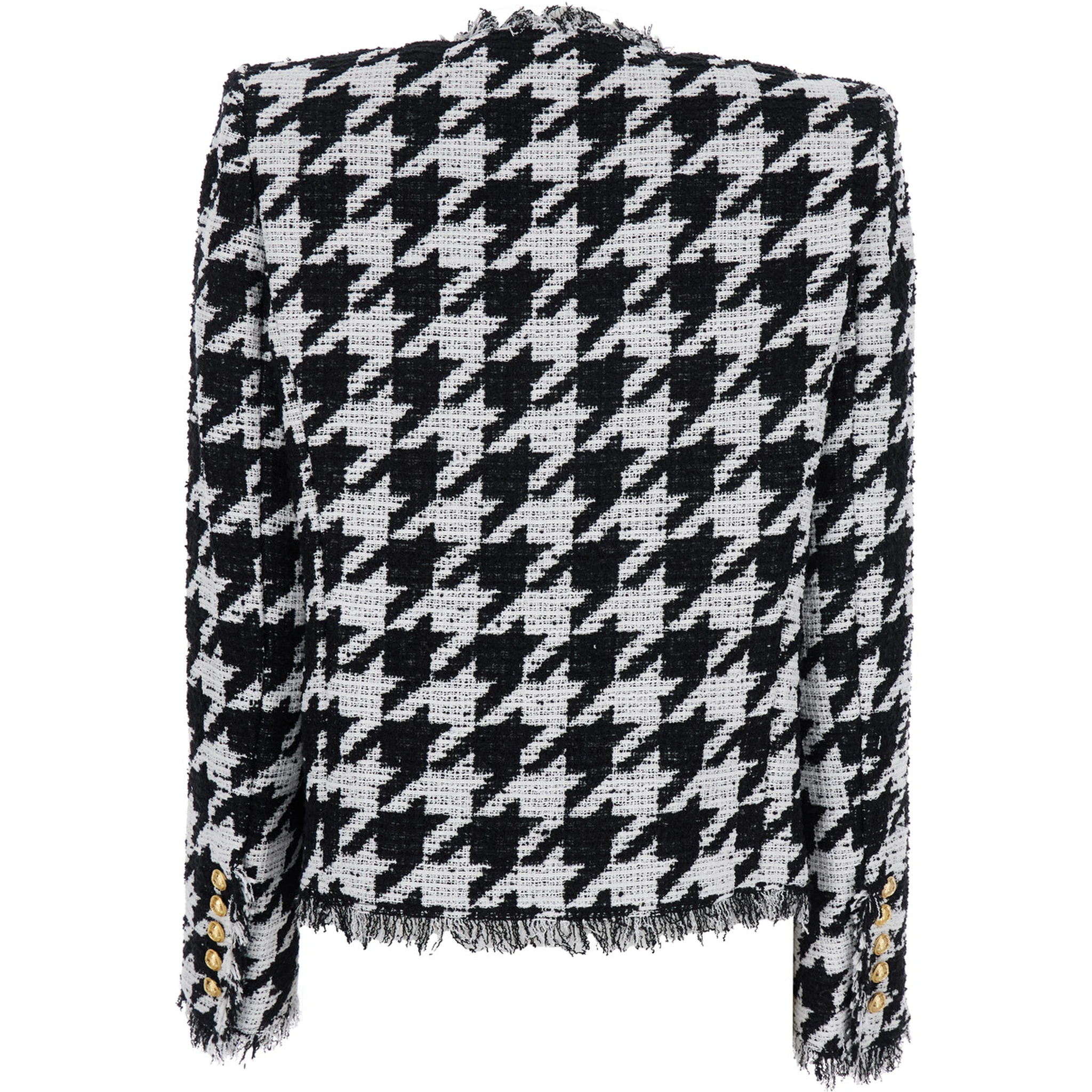 Spencer Black and White Jacket with All-Over Check Motif and Fringed Hem in Cotton Blend Woman