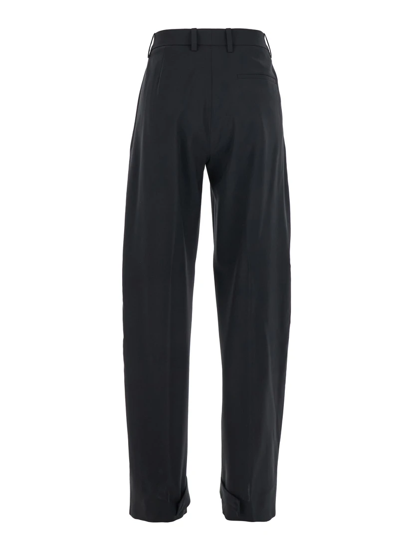 Black Trousers with Pleats on the Front and Side Logo Patch in Stretch Tech Wool Woman
