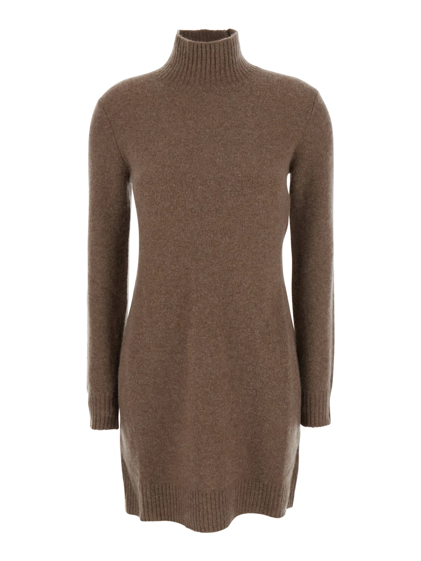 Edison Brown Dress with High Neck and Ribbed Trims in Cashmere Stretch Woman