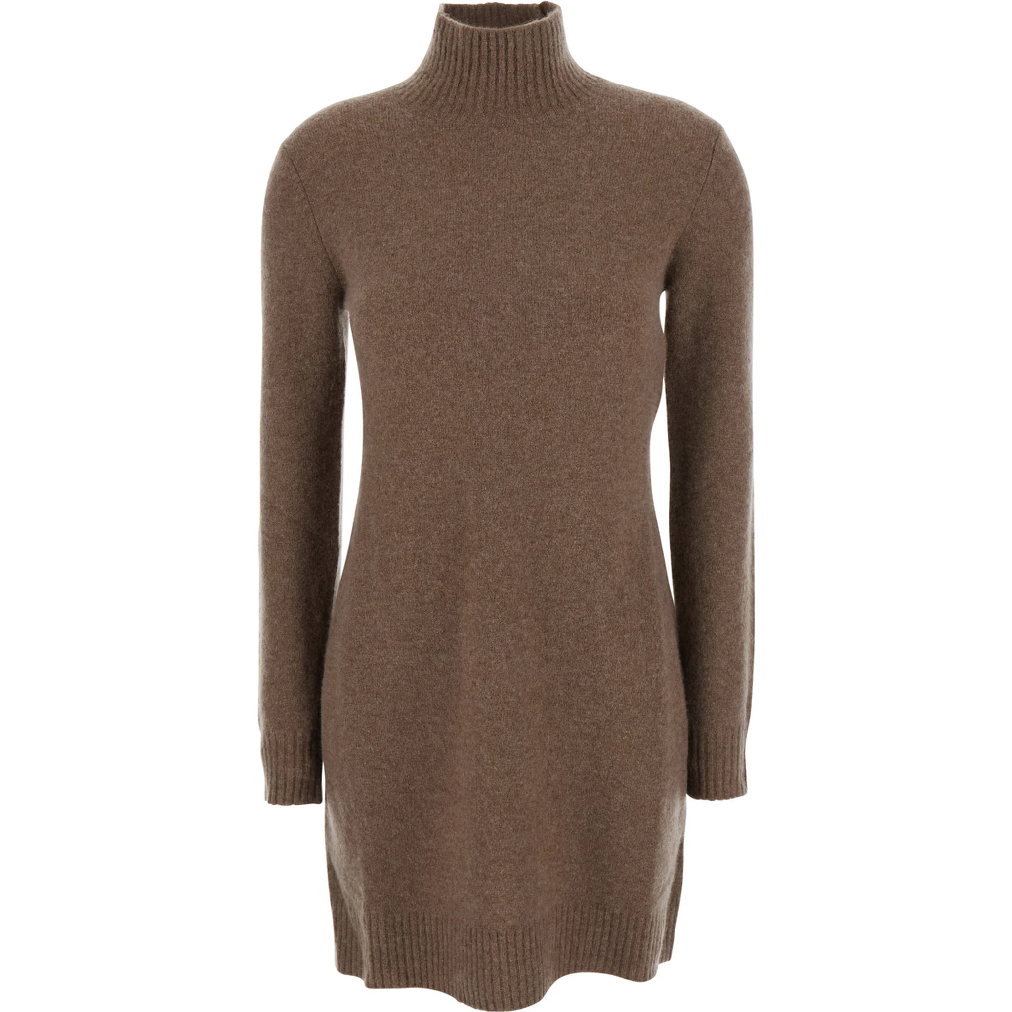 Edison Brown Dress with High Neck and Ribbed Trims in Cashmere Stretch Woman