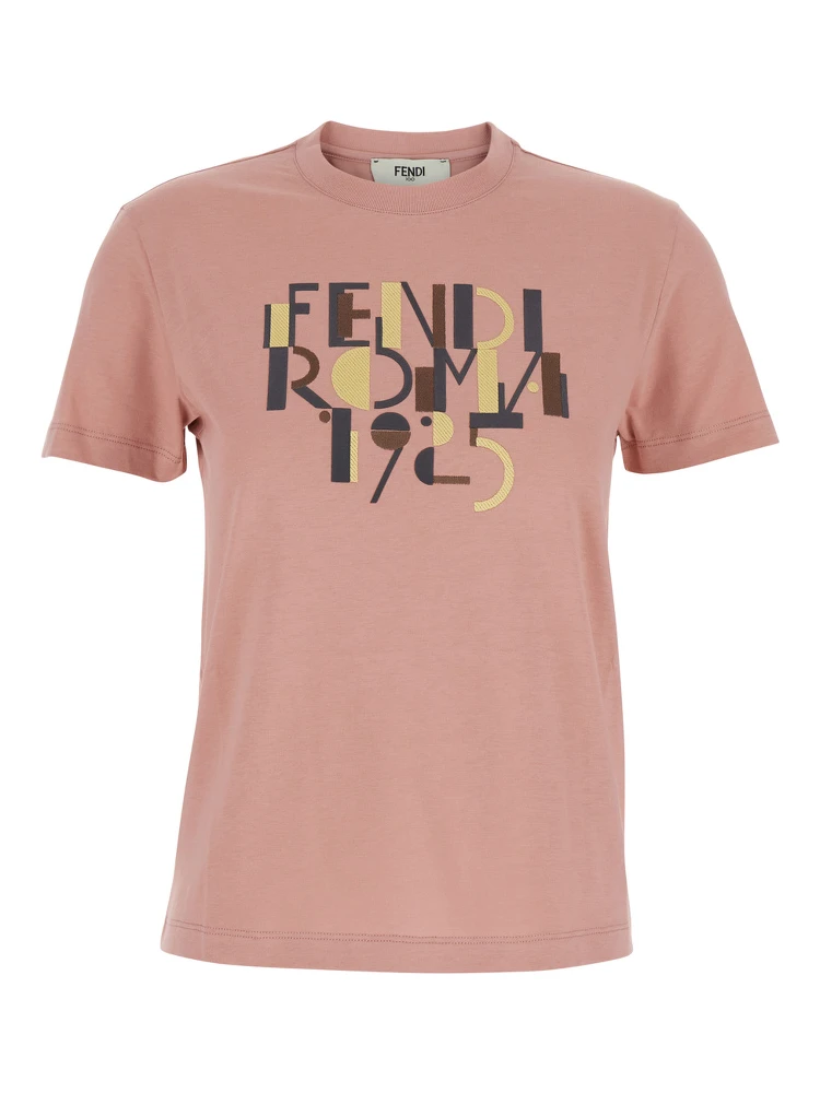 Pink Crewneck T-Shirt with Logo Detail on the Front in Cotton Woman