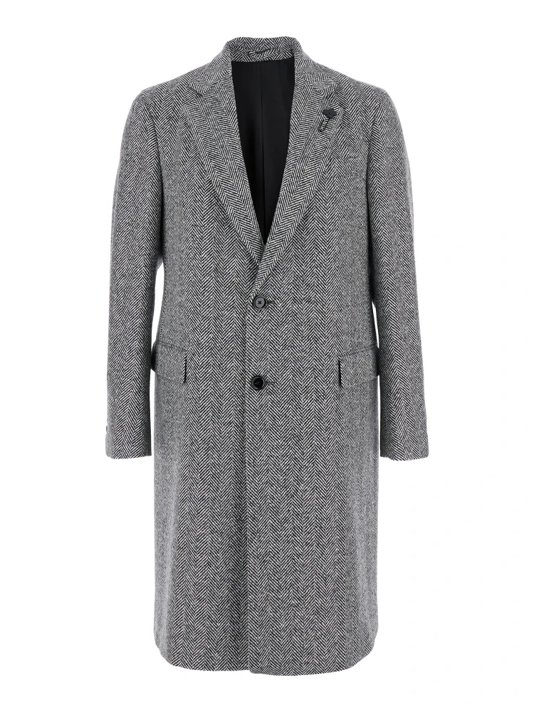 Grey Single-Breasted Coat with Classic Lapels in Wool Man