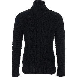 Black Turtleneck Jumper with Cable Knit and Logo Patch on the Sleeve in Merino Wool Woman