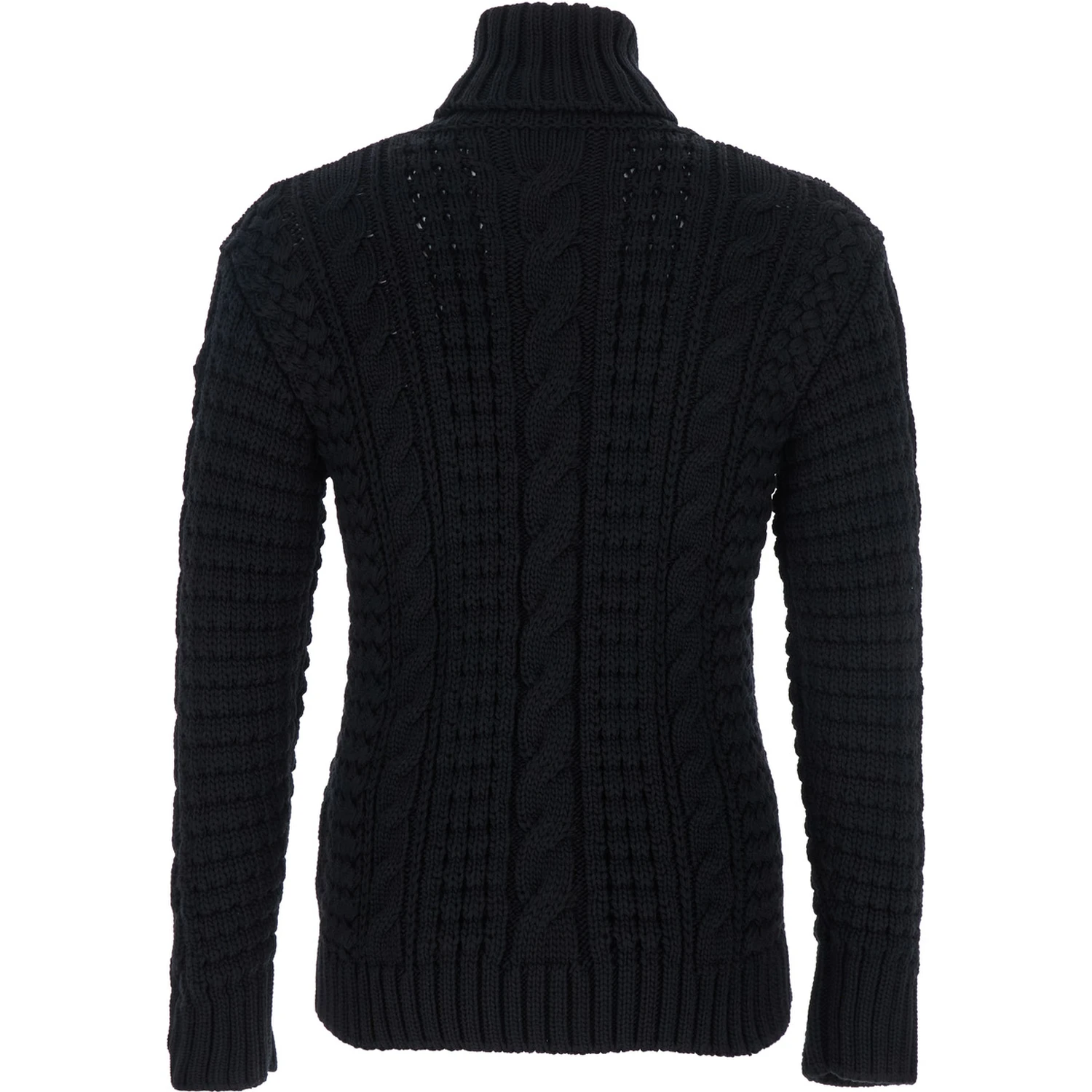 Black Turtleneck Jumper with Cable Knit and Logo Patch on the Sleeve in Merino Wool Woman