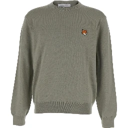 Green Crew Neck Sweater with Fox Patch on the Front in Wool Man