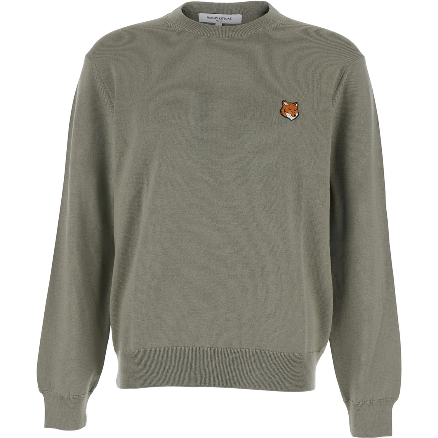 Green Crew Neck Sweater with Fox Patch on the Front in Wool Man