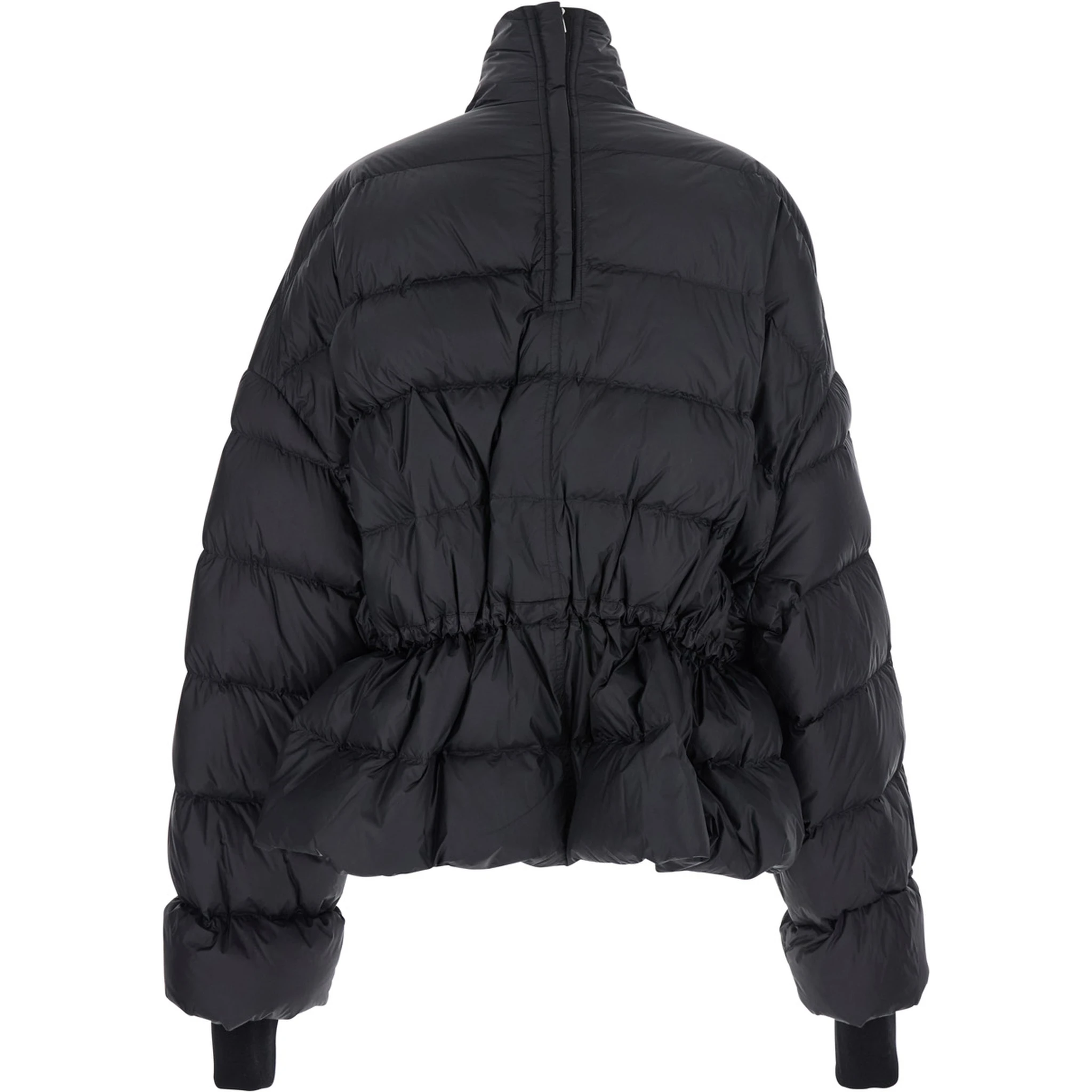 Black Down Jacket with Drawstring Waist and High Neck in Tech Fabric Woman