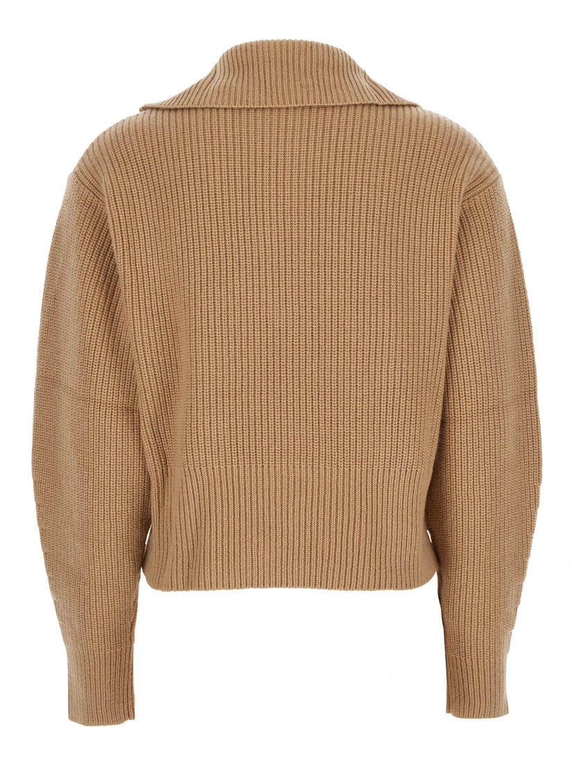 Beige Turtleneck Sweater with Ribbed Design in Wool and Cashmere Blend Woman